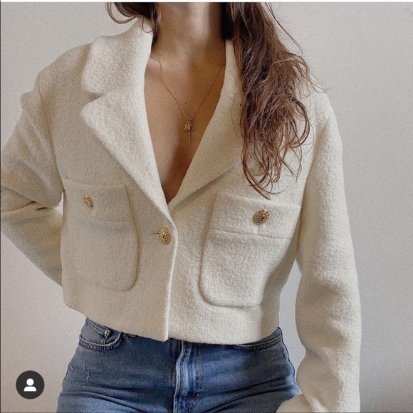 Zara Cream Wool Blend Texture Weave Gold Metallic Button Detail Crop Blazer - Picture 7 of 16